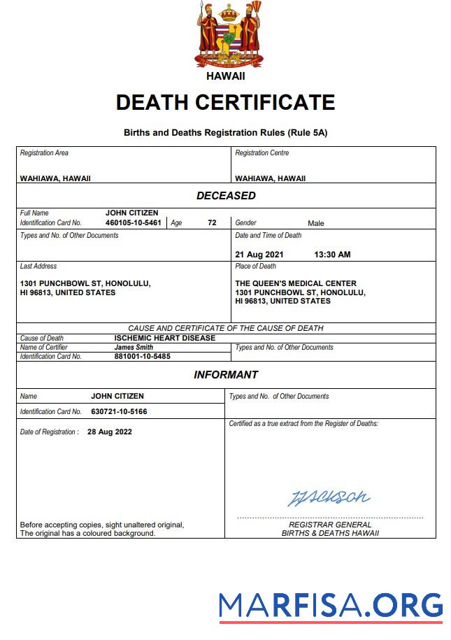 Downloadable Hawaii death certificate Word and PDF template